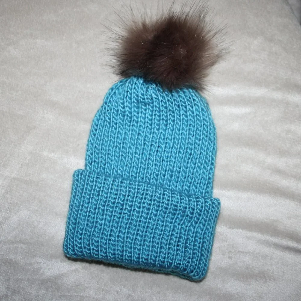 💙 BLUE + BROWN FUR POM BEANIE · 12 MO 💙